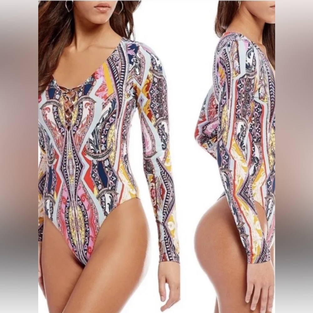 Free People Boho Colorful Paisley Long Sleeve Plunging Neckline Bodysuit S-SP(87